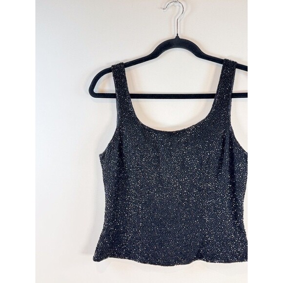 VINTAGE Cache Women Top Black Tank Allover Beaded Pure Silk Sparkle Bling Medium - Picture 4 of 9